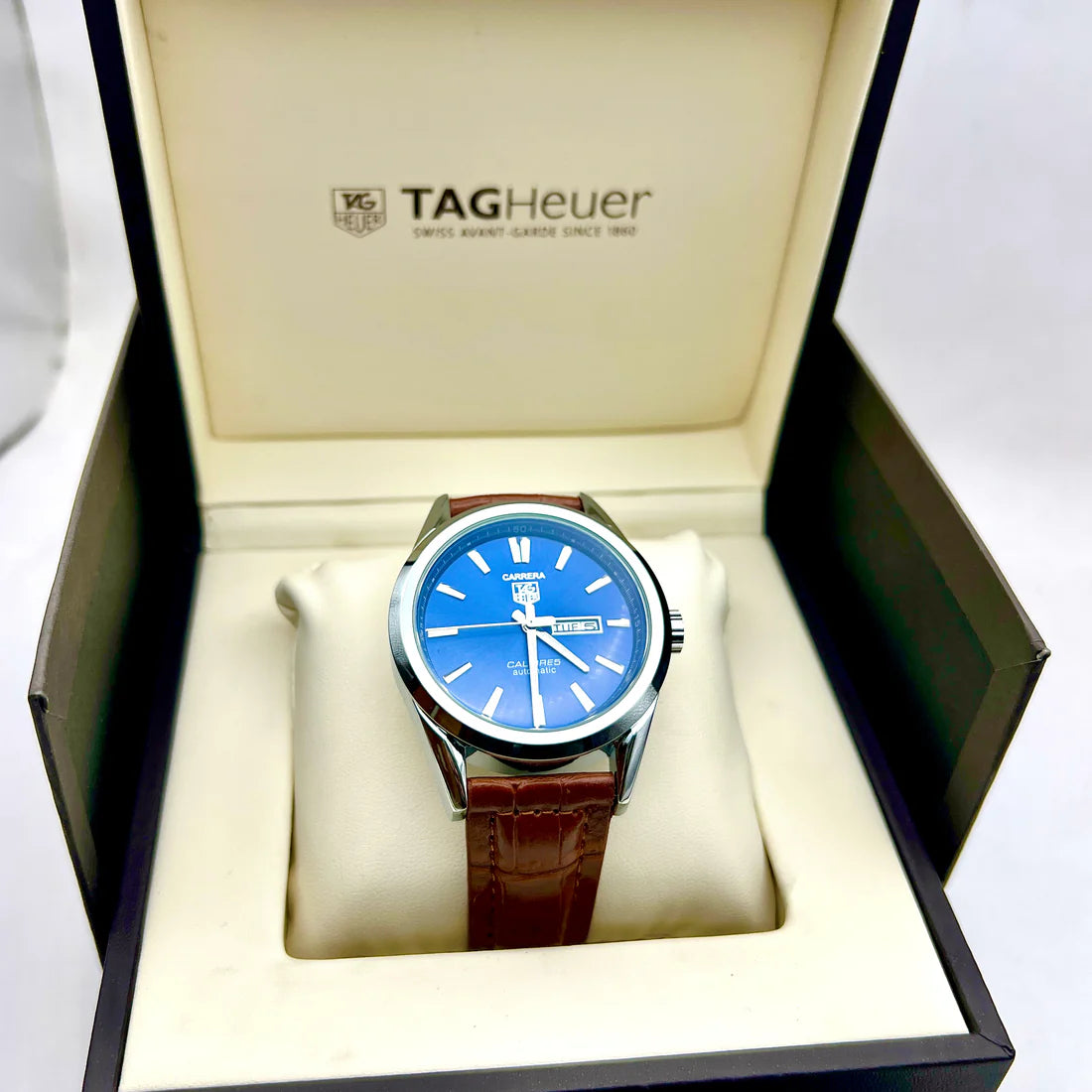 Carrera Tag Heuer - Master Lock, Day & Date , Leather Strap Watch Brown Colour
